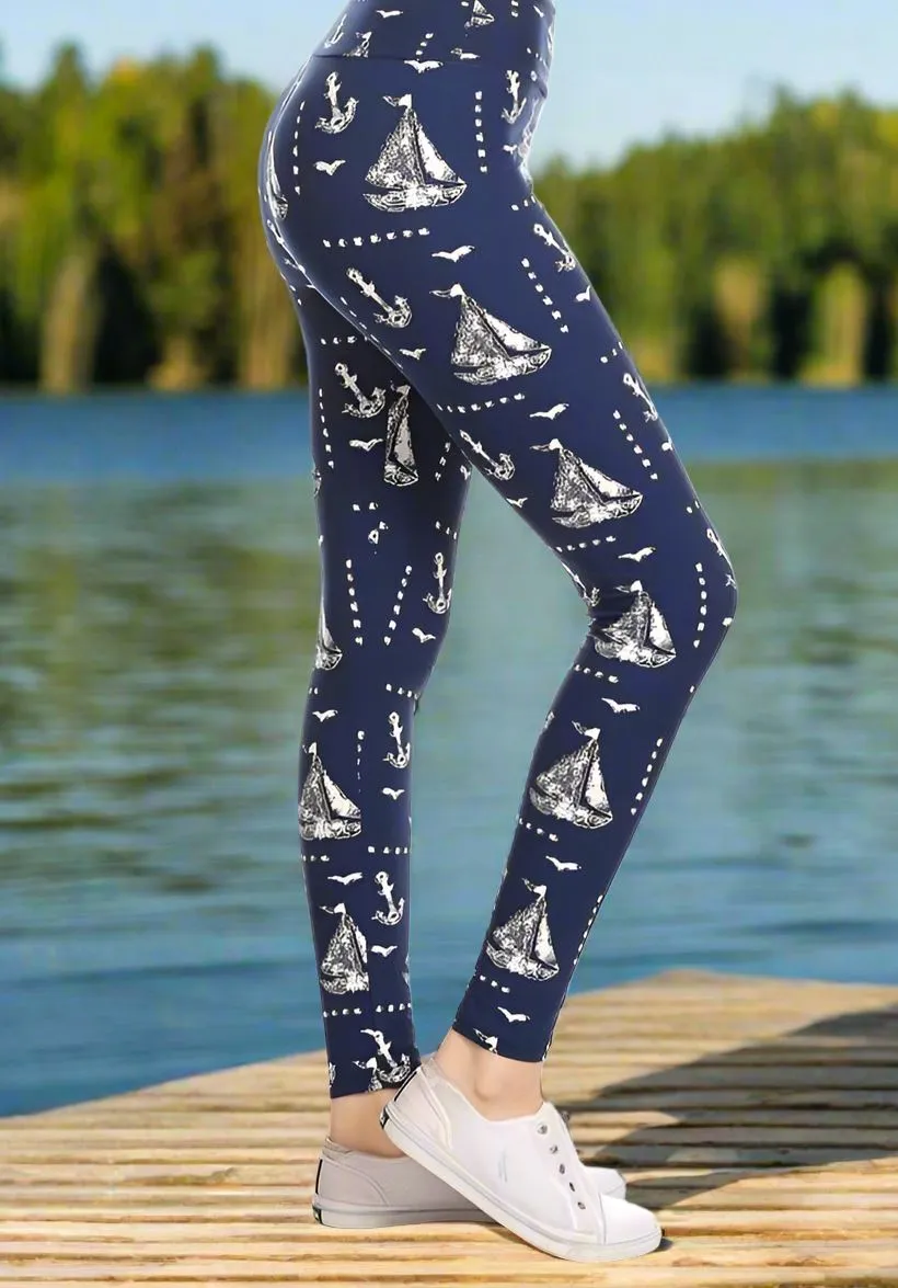 Womens Nautical Boat Leggings, Soft Yoga Pants, Blue/White, Sizes 0-20, Yoga Waist