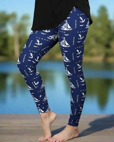 Womens Nautical Boat Leggings, Soft Yoga Pants, Blue/White, Sizes 0-20, Yoga Waist