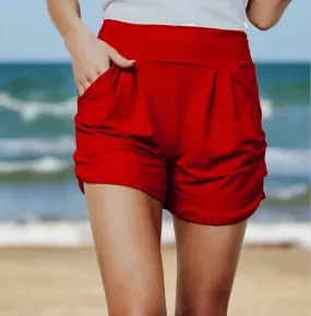 Womens Red Harem Shorts, Pocket Shorts, Sizes S/M/L/XL, Solid Red